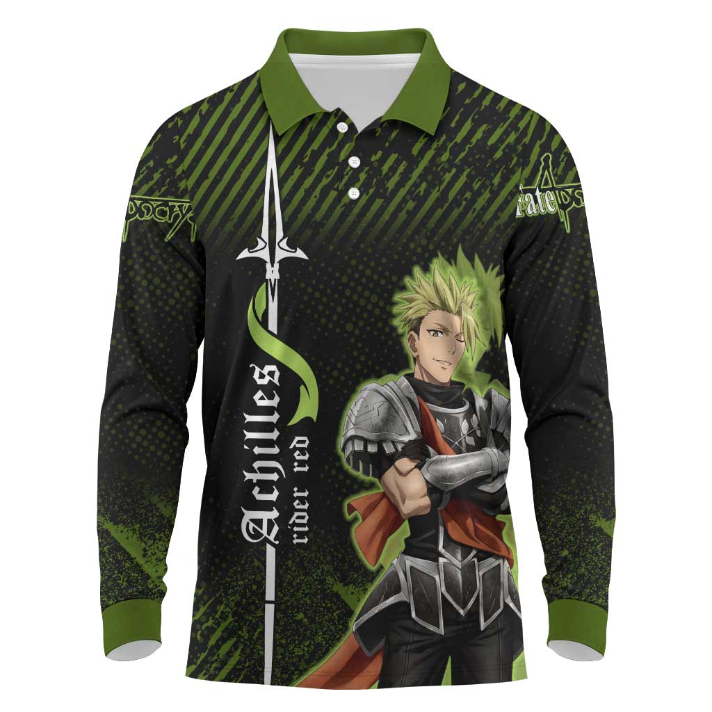 Achilles Fate Apocrypha Theme Long Sleeve Polo Shirt with Spear Pose and Green Black Grunge Graphic Design - The Mazicc