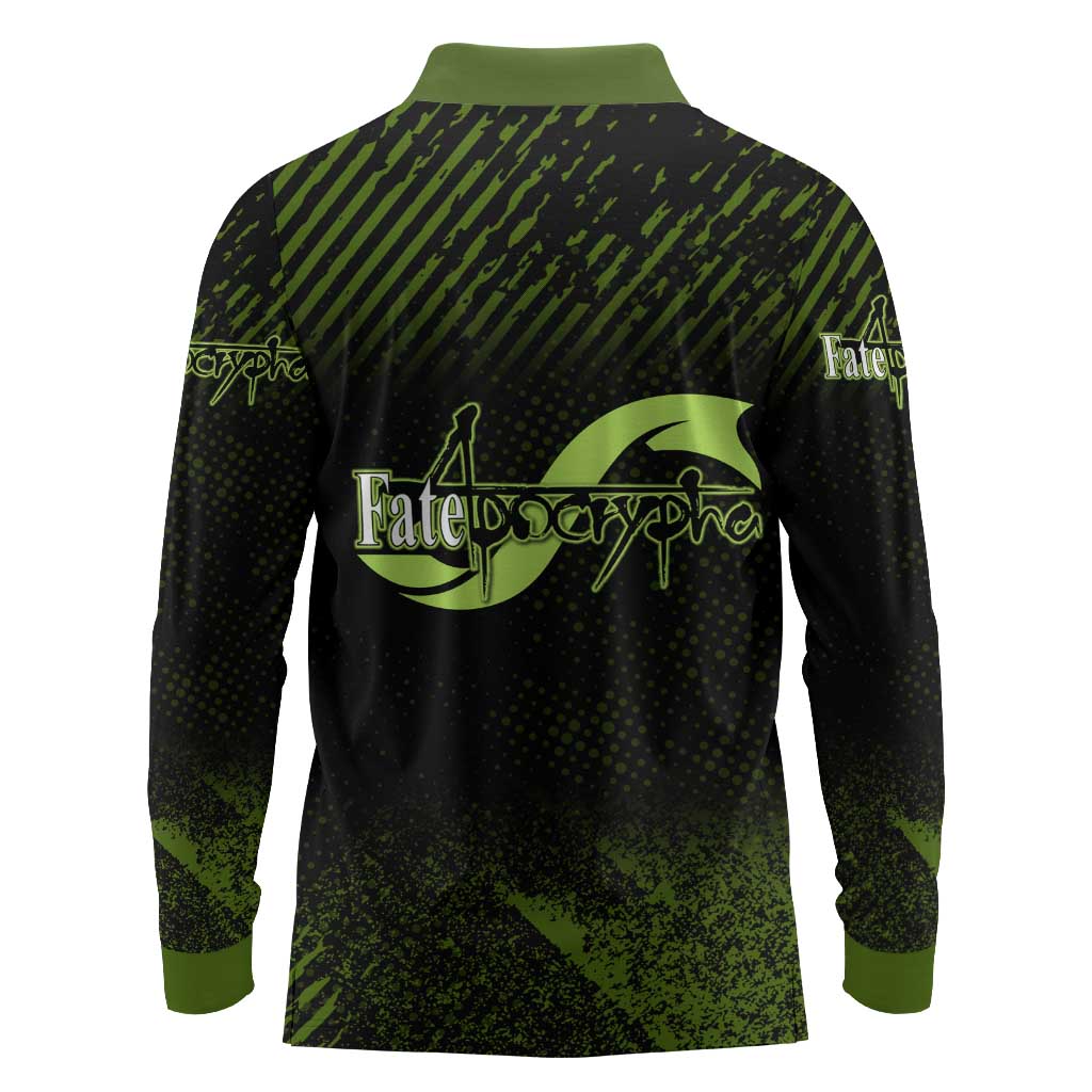 Achilles Fate Apocrypha Theme Long Sleeve Polo Shirt with Spear Pose and Green Black Grunge Graphic Design - The Mazicc
