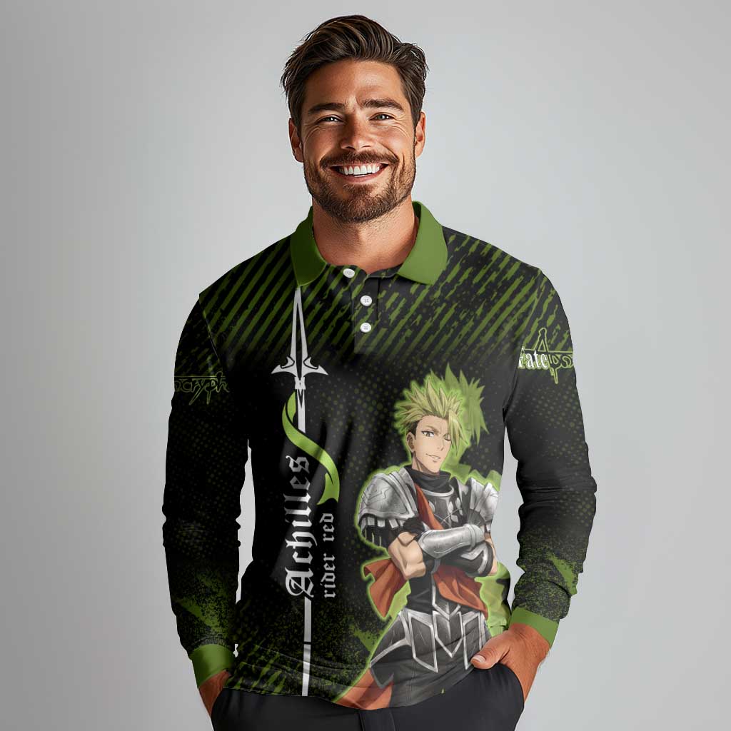 Achilles Fate Apocrypha Theme Long Sleeve Polo Shirt with Spear Pose and Green Black Grunge Graphic Design - The Mazicc