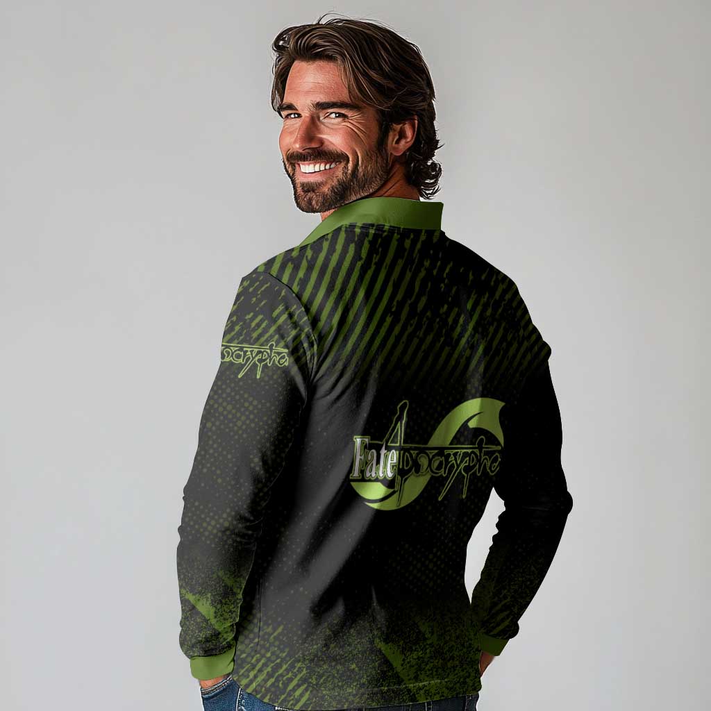 Achilles Fate Apocrypha Theme Long Sleeve Polo Shirt with Spear Pose and Green Black Grunge Graphic Design - The Mazicc