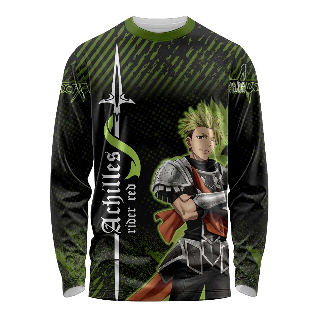 Achilles Fate Apocrypha Theme Long Sleeve Shirt with Spear Pose and Green Black Grunge Graphic Design - The Mazicc