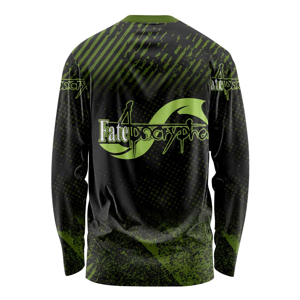 Achilles Fate Apocrypha Theme Long Sleeve Shirt with Spear Pose and Green Black Grunge Graphic Design - The Mazicc
