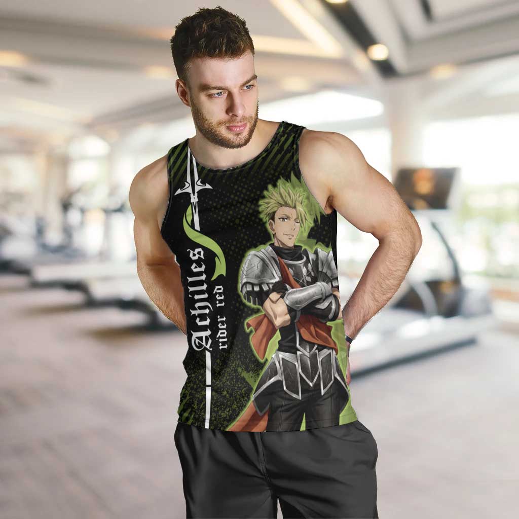 Achilles Fate Apocrypha Theme Men Tank Top with Spear Pose and Green Black Grunge Graphic Design - The Mazicc