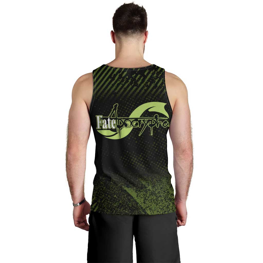 Achilles Fate Apocrypha Theme Men Tank Top with Spear Pose and Green Black Grunge Graphic Design - The Mazicc