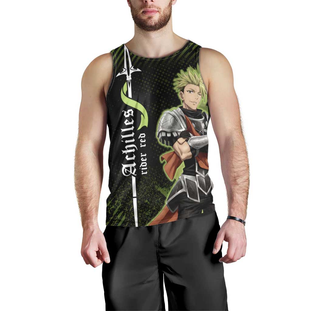 Achilles Fate Apocrypha Theme Men Tank Top with Spear Pose and Green Black Grunge Graphic Design - The Mazicc