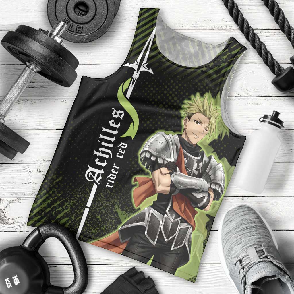 Achilles Fate Apocrypha Theme Men Tank Top with Spear Pose and Green Black Grunge Graphic Design - The Mazicc