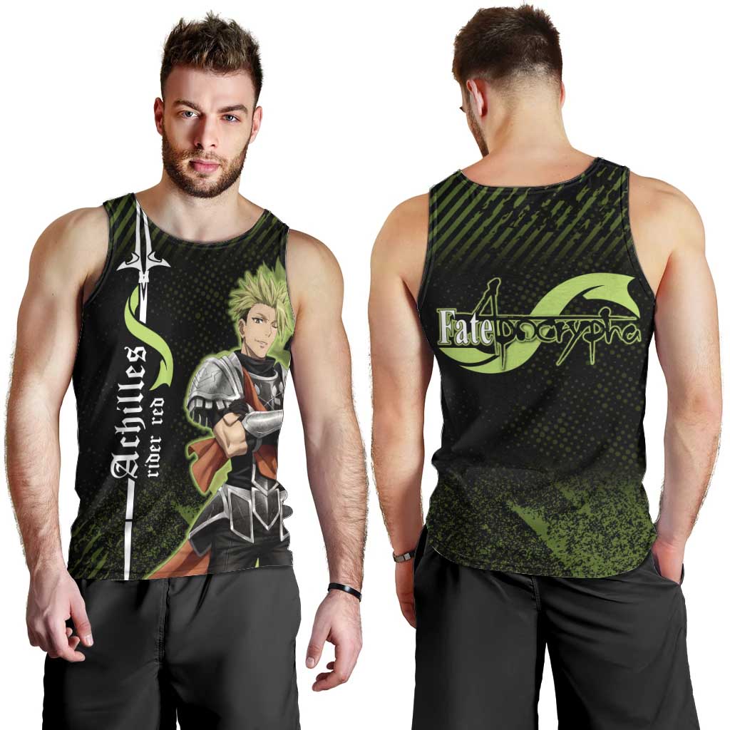 Achilles Fate Apocrypha Theme Men Tank Top with Spear Pose and Green Black Grunge Graphic Design - The Mazicc