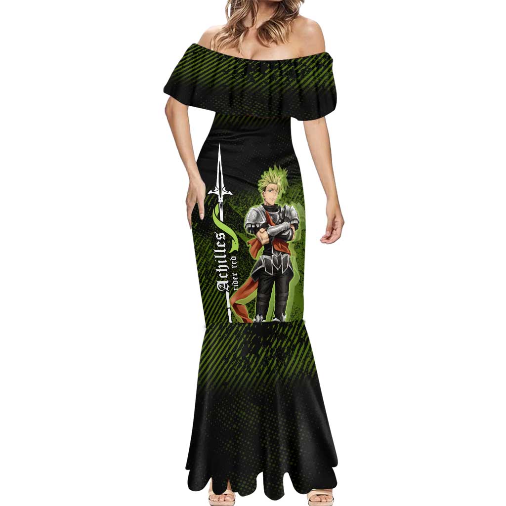 Achilles Fate Apocrypha Theme Mermaid Dress with Spear Pose and Green Black Grunge Graphic Design - The Mazicc