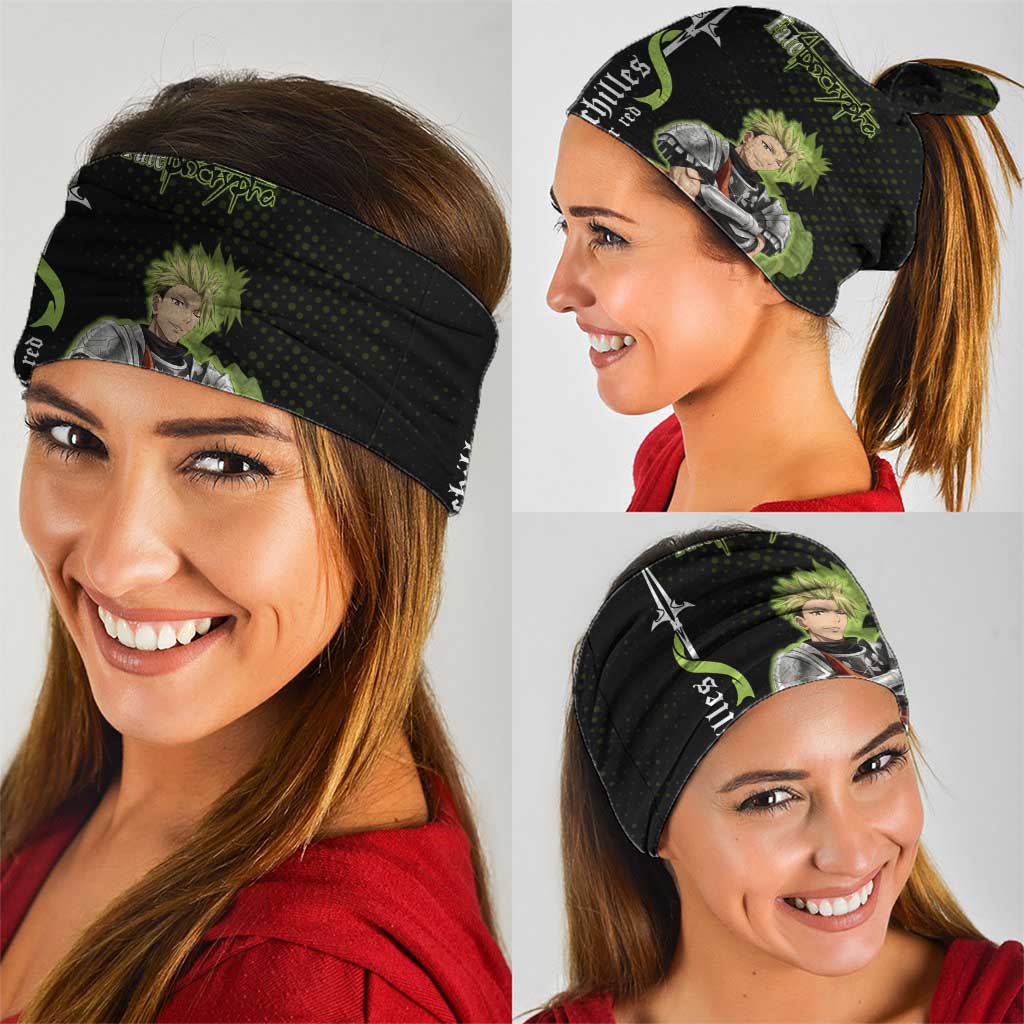 Achilles Fate Apocrypha Theme Neck Gaiter with Spear Pose and Green Black Grunge Graphic Design - The Mazicc