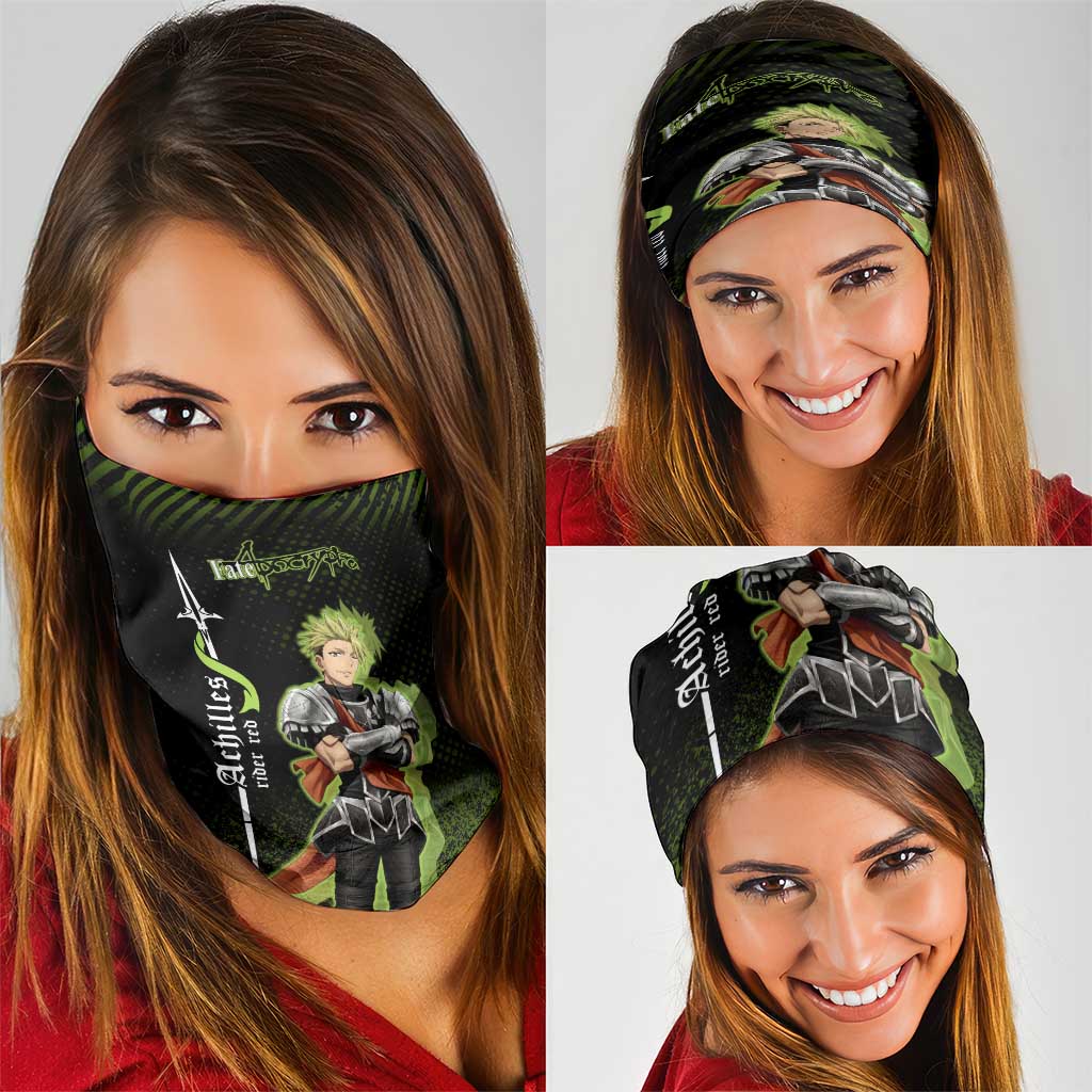 Achilles Fate Apocrypha Theme Neck Gaiter with Spear Pose and Green Black Grunge Graphic Design - The Mazicc