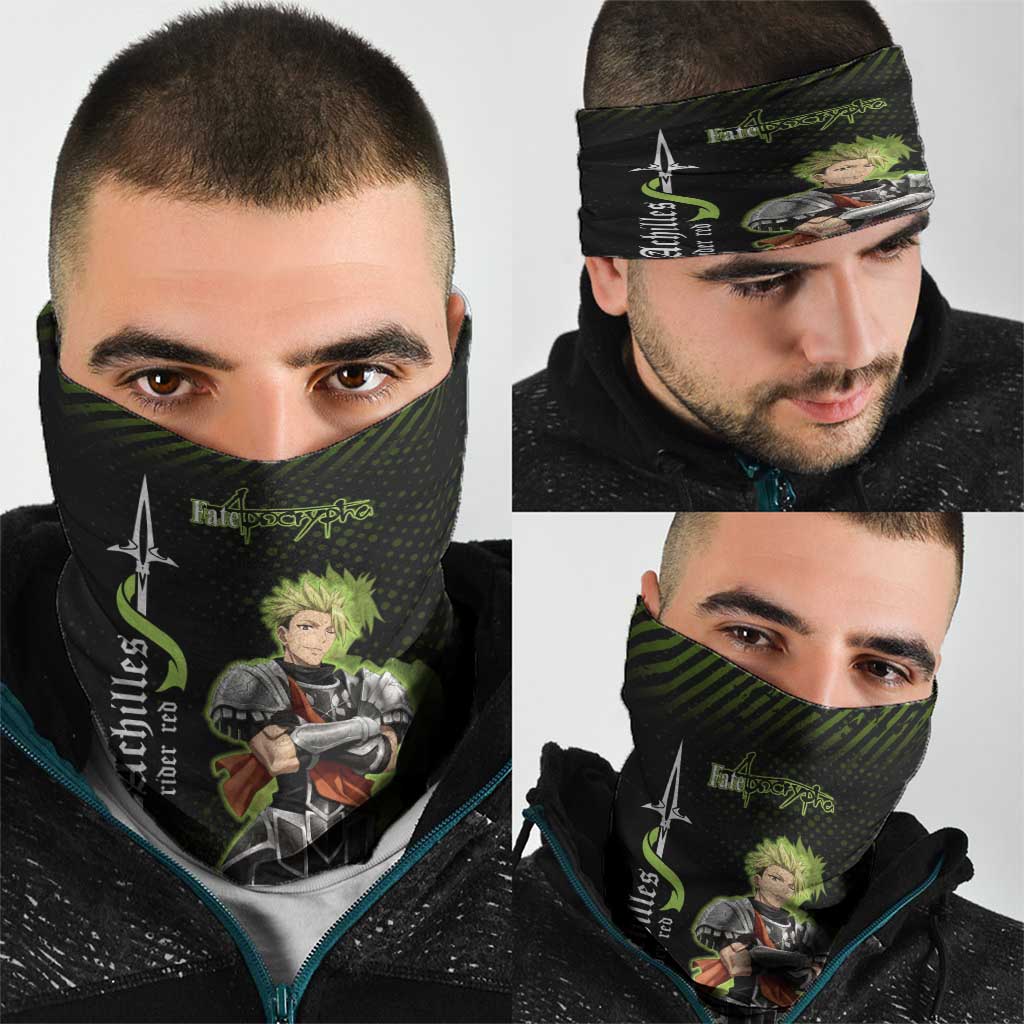 Achilles Fate Apocrypha Theme Neck Gaiter with Spear Pose and Green Black Grunge Graphic Design - The Mazicc