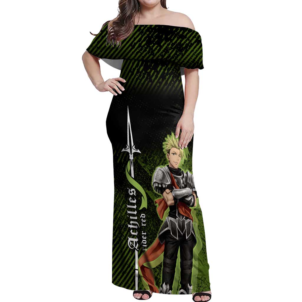 Achilles Fate Apocrypha Theme Off Shoulder Maxi Dress with Spear Pose and Green Black Grunge Graphic Design - The Mazicc