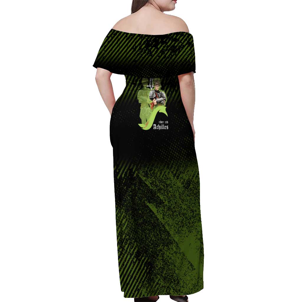 Achilles Fate Apocrypha Theme Off Shoulder Maxi Dress with Spear Pose and Green Black Grunge Graphic Design - The Mazicc