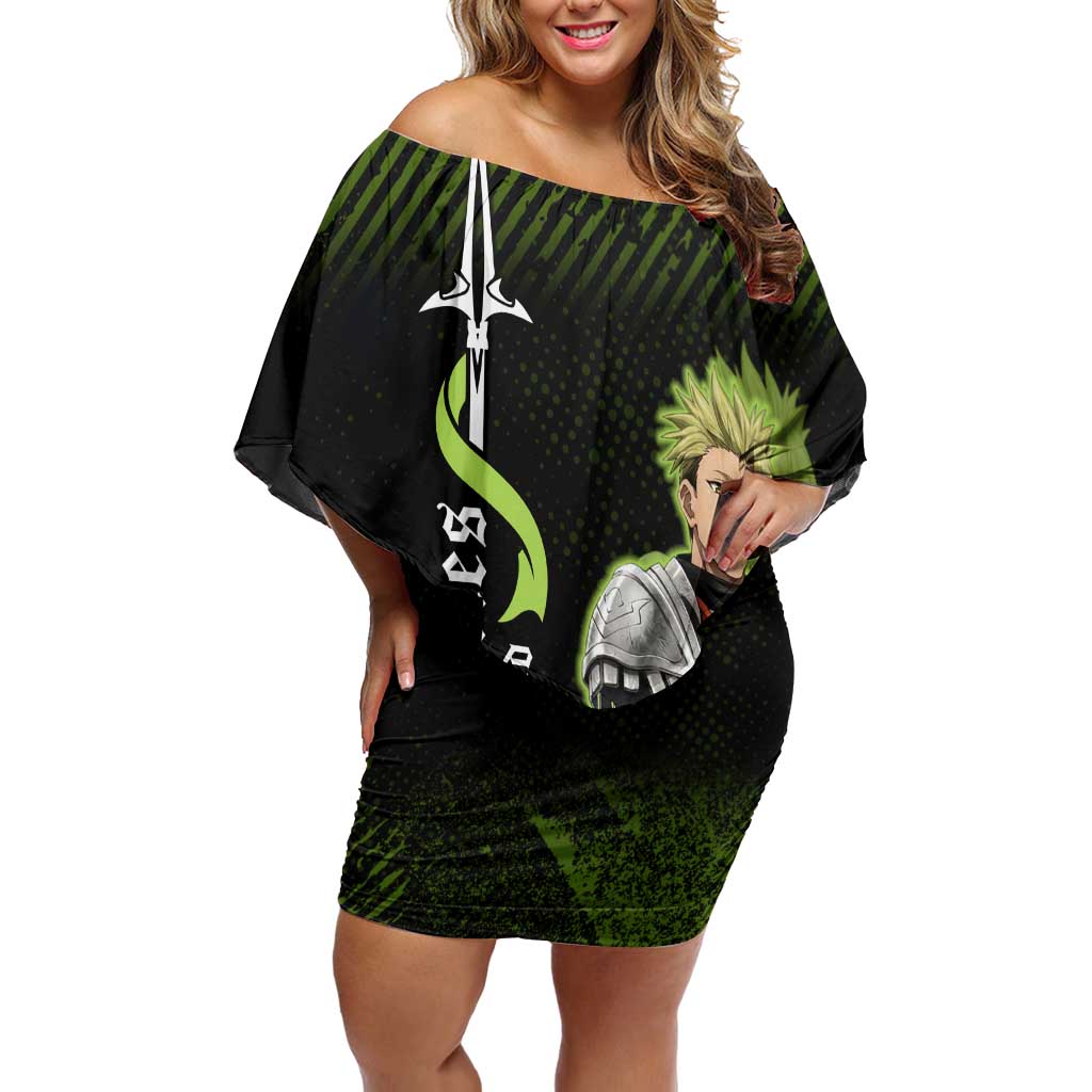 Achilles Fate Apocrypha Theme Off Shoulder Short Dress with Spear Pose and Green Black Grunge Graphic Design - The Mazicc