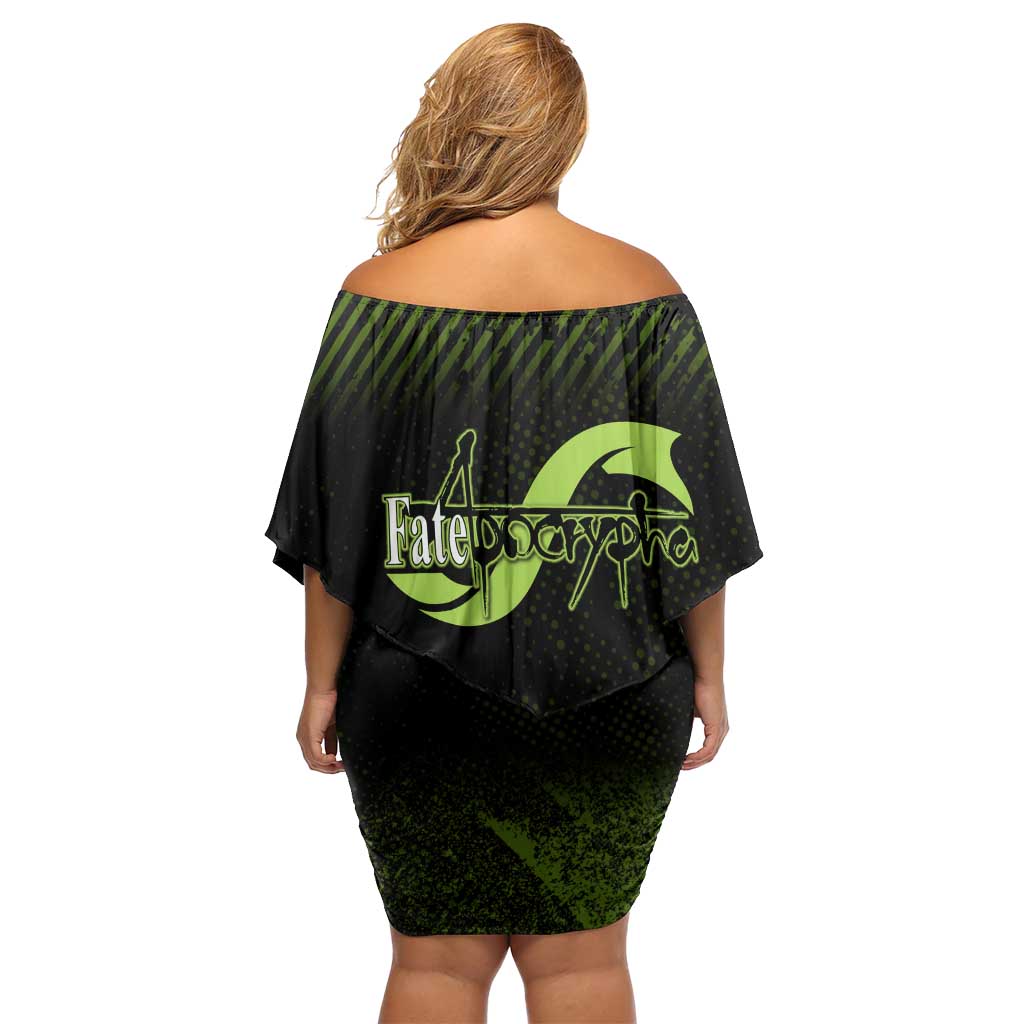 Achilles Fate Apocrypha Theme Off Shoulder Short Dress with Spear Pose and Green Black Grunge Graphic Design - The Mazicc