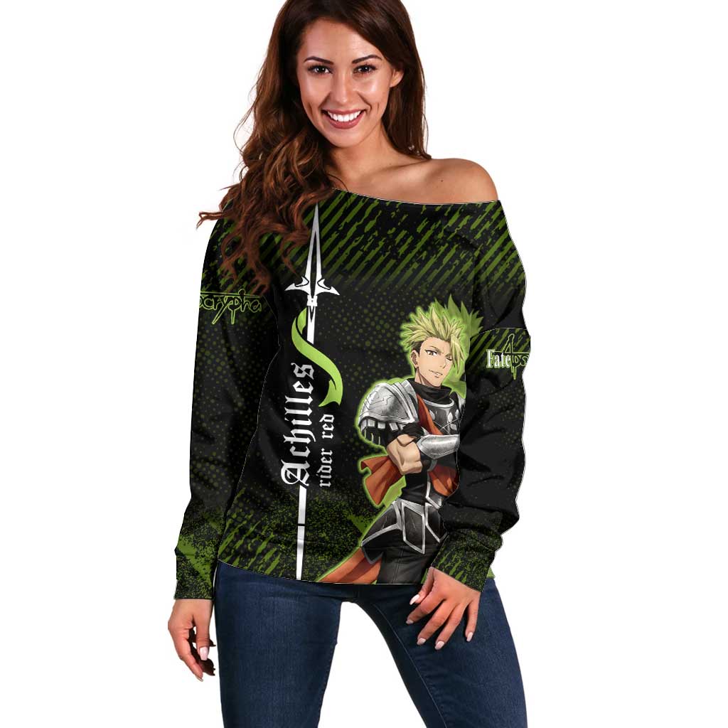 Achilles Fate Apocrypha Theme Off Shoulder Sweater with Spear Pose and Green Black Grunge Graphic Design - The Mazicc