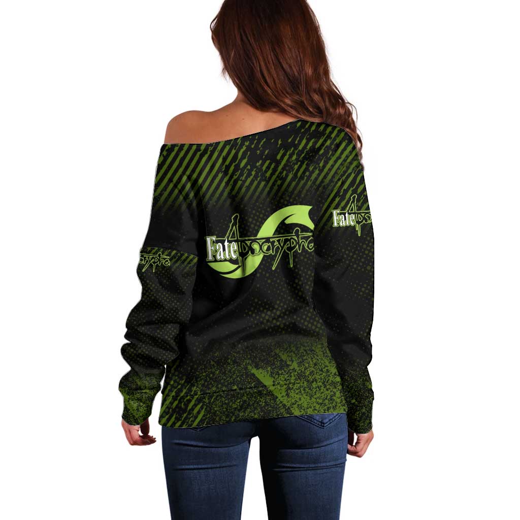 Achilles Fate Apocrypha Theme Off Shoulder Sweater with Spear Pose and Green Black Grunge Graphic Design - The Mazicc