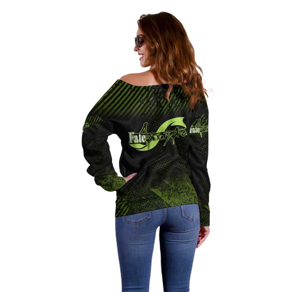 Achilles Fate Apocrypha Theme Off Shoulder Sweater with Spear Pose and Green Black Grunge Graphic Design - The Mazicc