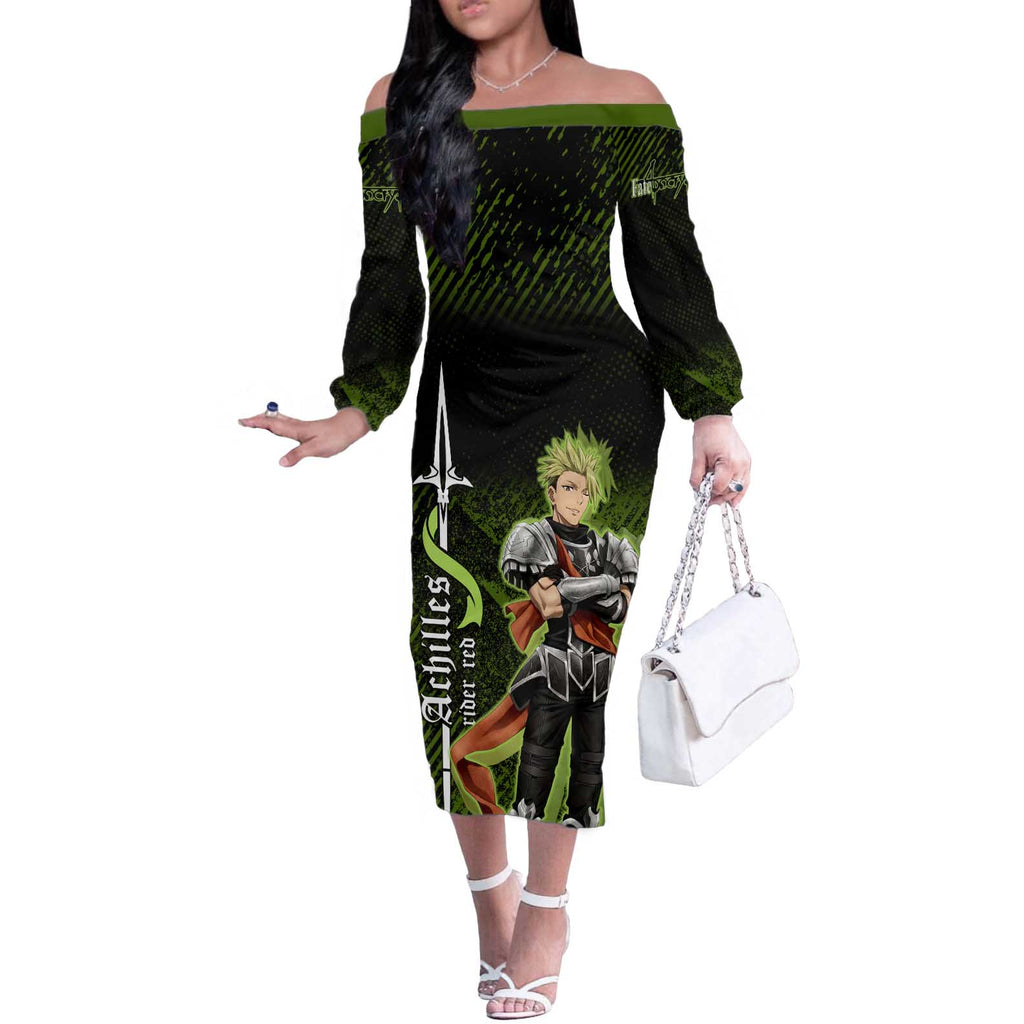 Achilles Fate Apocrypha Theme Off The Shoulder Long Sleeve Dress with Spear Pose and Green Black Grunge Graphic Design - The Mazicc