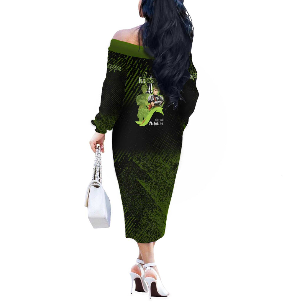 Achilles Fate Apocrypha Theme Off The Shoulder Long Sleeve Dress with Spear Pose and Green Black Grunge Graphic Design - The Mazicc