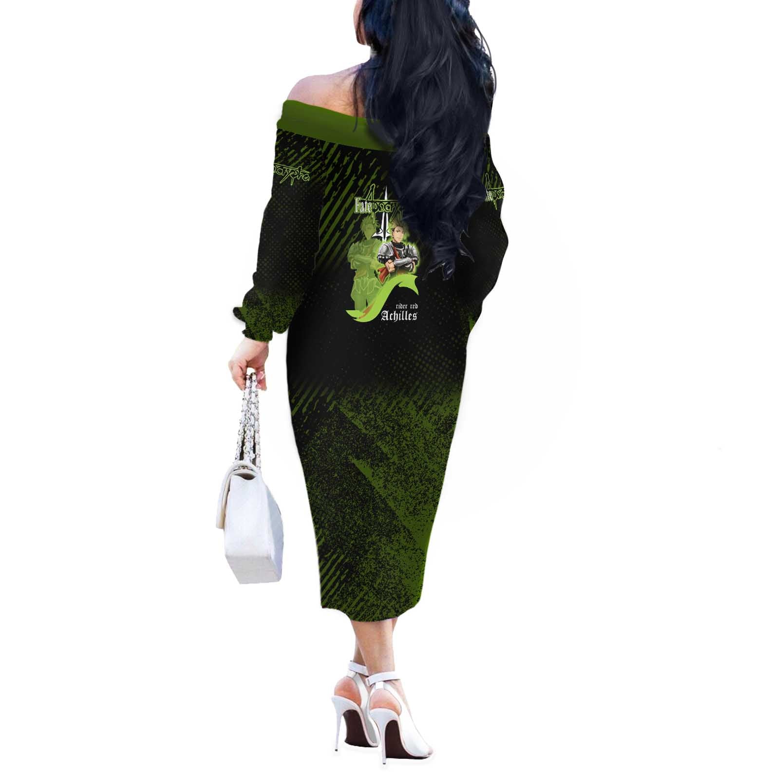 Achilles Fate Apocrypha Theme Off The Shoulder Long Sleeve Dress with Spear Pose and Green Black Grunge Graphic Design - The Mazicc