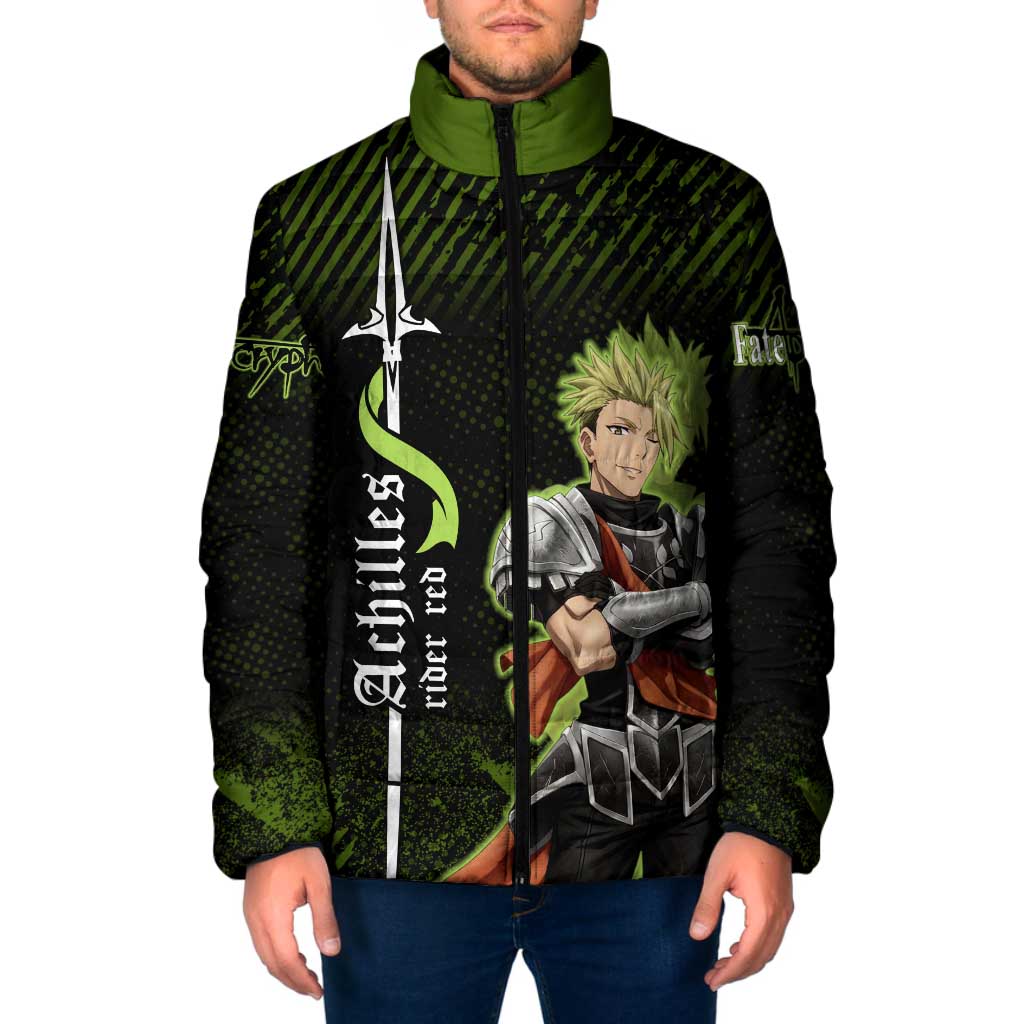 Achilles Fate Apocrypha Theme Padded Jacket with Spear Pose and Green Black Grunge Graphic Design - The Mazicc