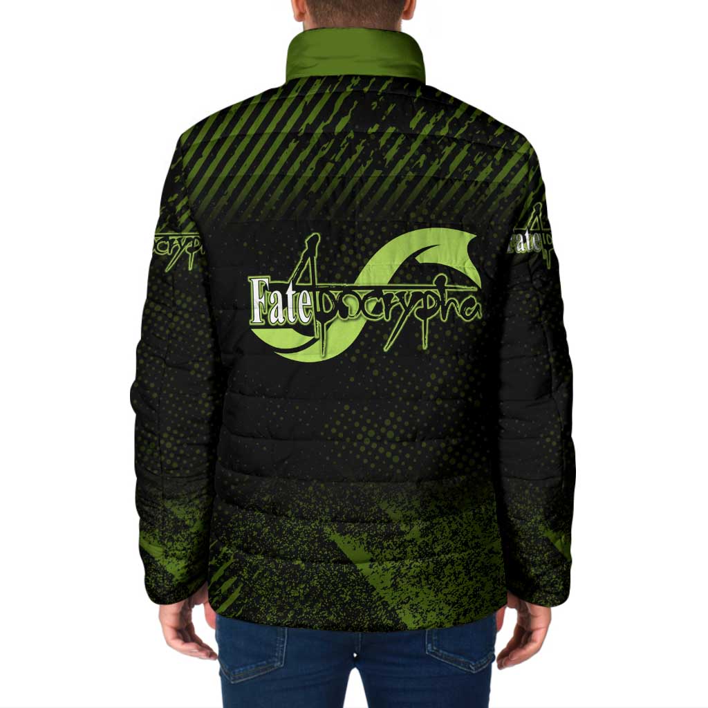 Achilles Fate Apocrypha Theme Padded Jacket with Spear Pose and Green Black Grunge Graphic Design - The Mazicc