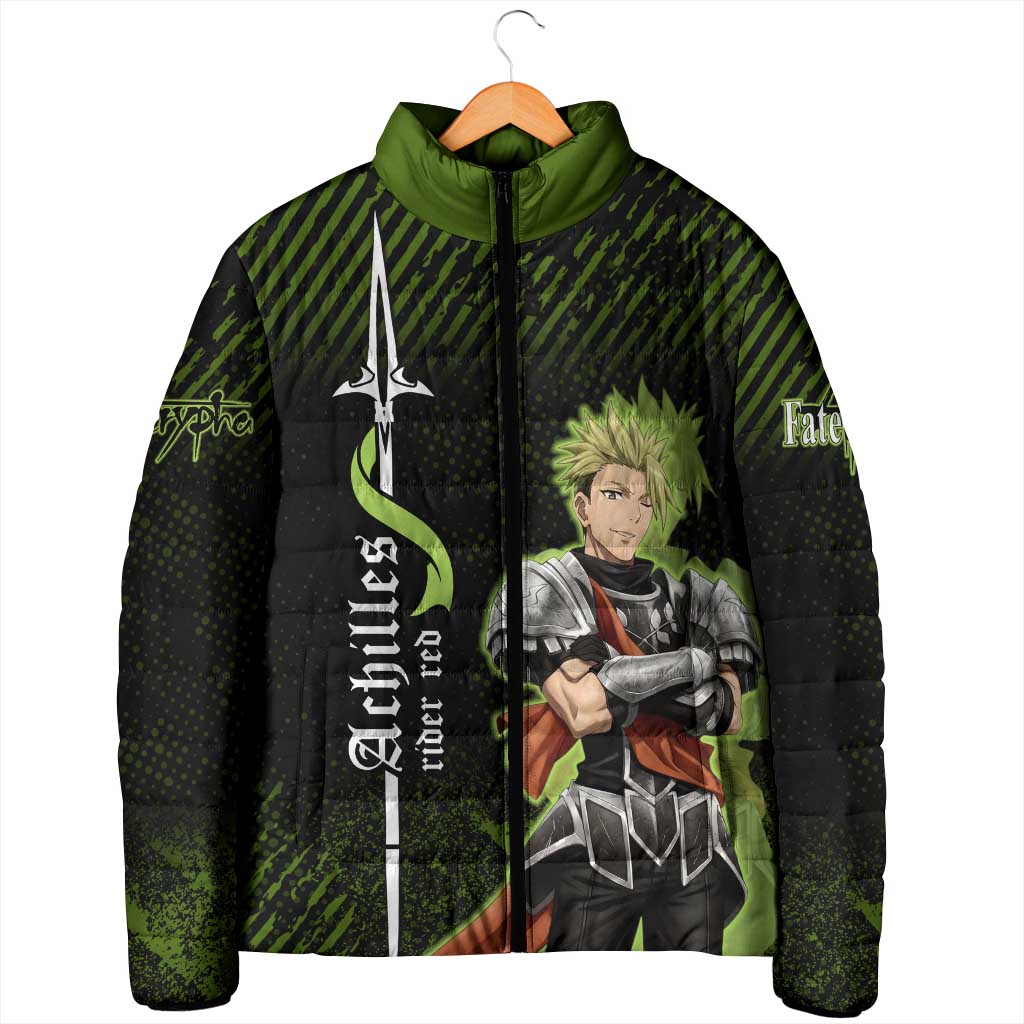 Achilles Fate Apocrypha Theme Padded Jacket with Spear Pose and Green Black Grunge Graphic Design - The Mazicc