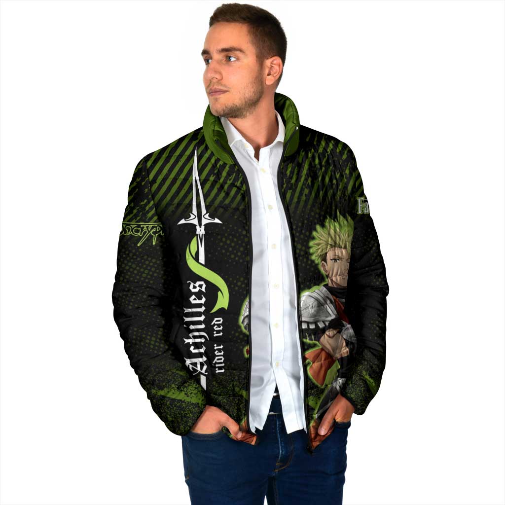 Achilles Fate Apocrypha Theme Padded Jacket with Spear Pose and Green Black Grunge Graphic Design - The Mazicc