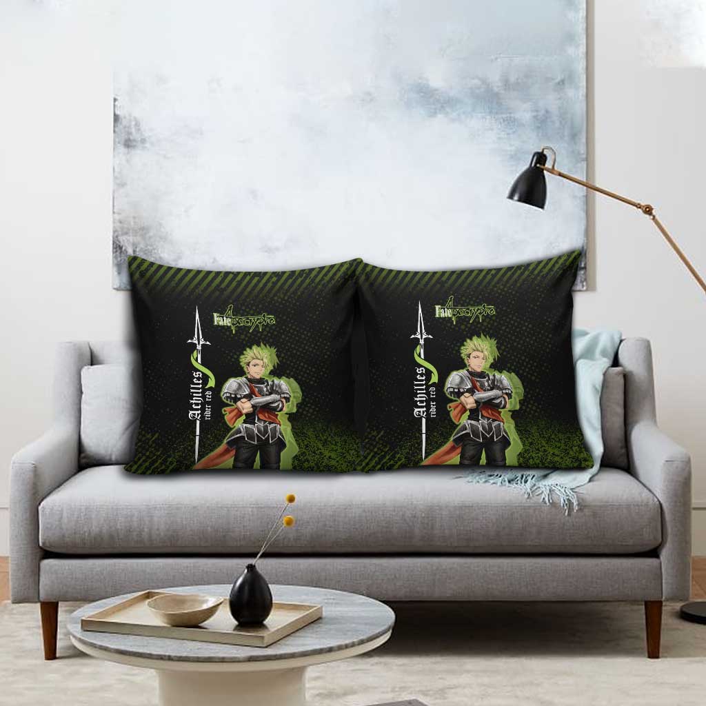 Achilles Fate Apocrypha Theme Pillow Cover with Spear Pose and Green Black Grunge Graphic Design - The Mazicc