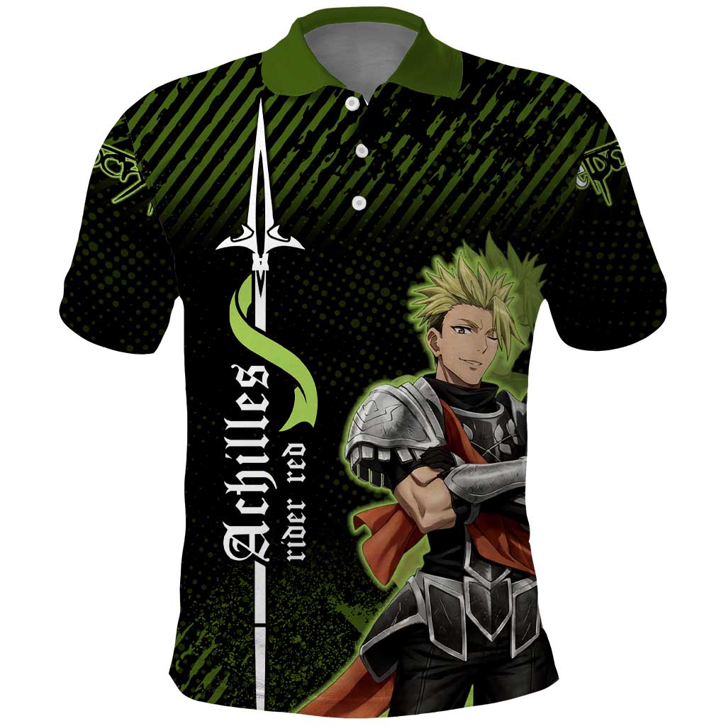 Achilles Fate Apocrypha Theme Polo Shirt with Spear Pose and Green Black Grunge Graphic Design - The Mazicc