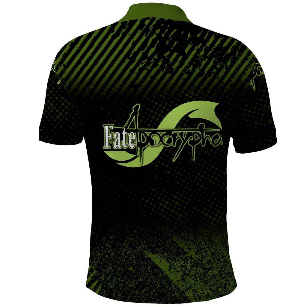 Achilles Fate Apocrypha Theme Polo Shirt with Spear Pose and Green Black Grunge Graphic Design - The Mazicc