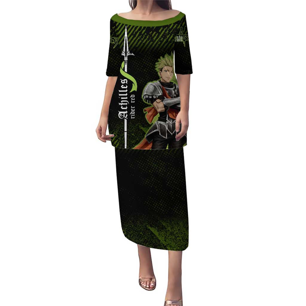 Achilles Fate Apocrypha Theme Puletasi with Spear Pose and Green Black Grunge Graphic Design - The Mazicc