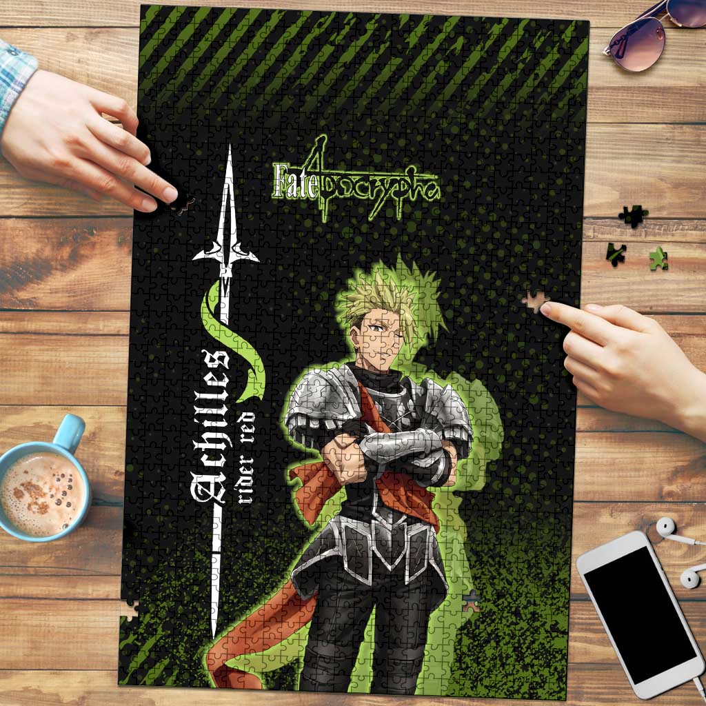 Achilles Fate Apocrypha Theme Puzzle with Spear Pose and Green Black Grunge Graphic Design - The Mazicc