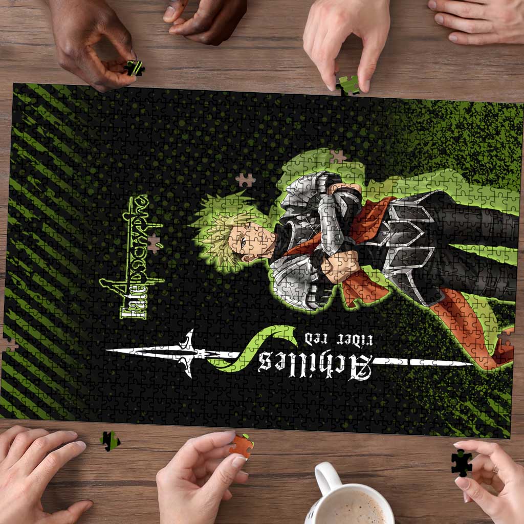 Achilles Fate Apocrypha Theme Puzzle with Spear Pose and Green Black Grunge Graphic Design - The Mazicc