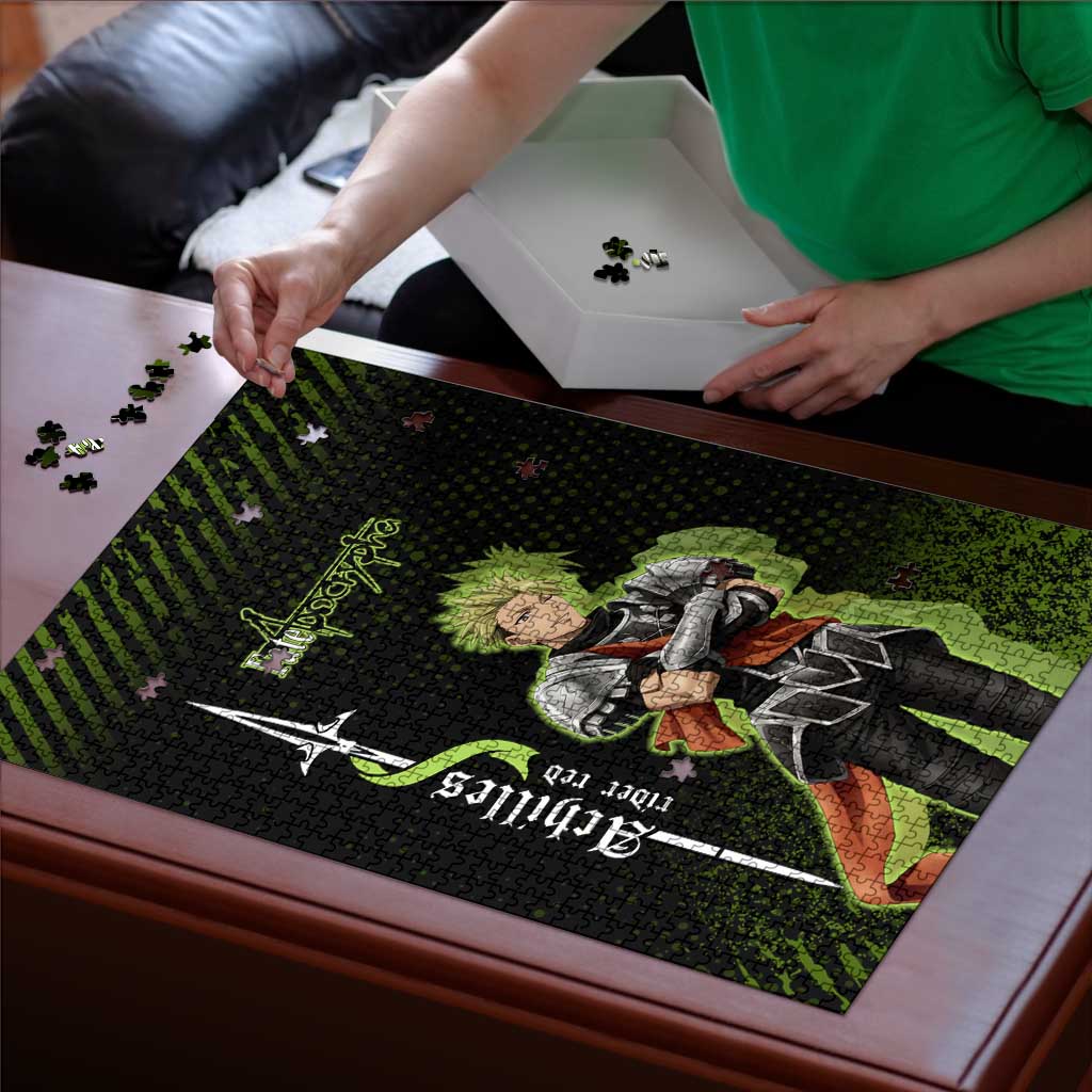 Achilles Fate Apocrypha Theme Puzzle with Spear Pose and Green Black Grunge Graphic Design - The Mazicc