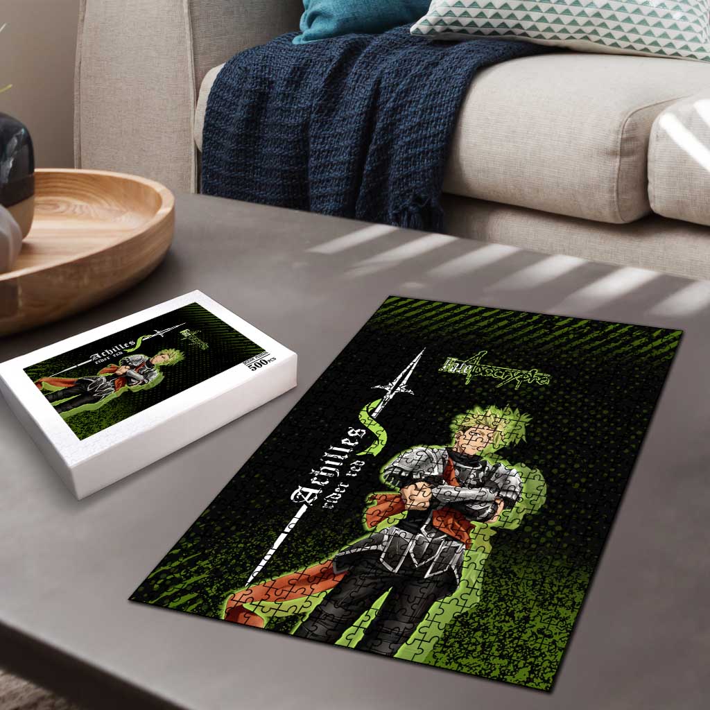 Achilles Fate Apocrypha Theme Puzzle with Spear Pose and Green Black Grunge Graphic Design - The Mazicc