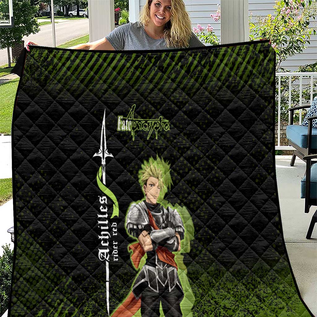 Achilles Fate Apocrypha Theme Quilt with Spear Pose and Green Black Grunge Graphic Design - The Mazicc