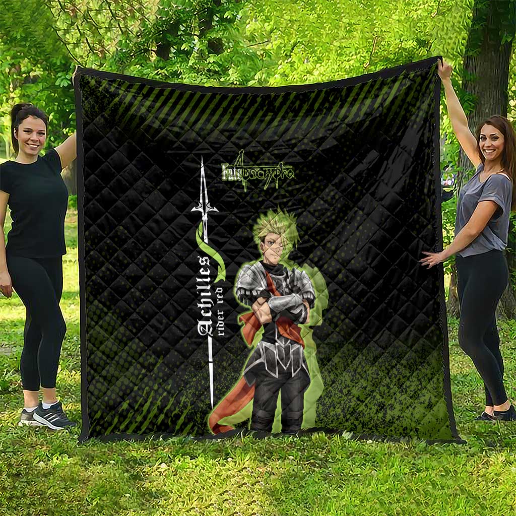 Achilles Fate Apocrypha Theme Quilt with Spear Pose and Green Black Grunge Graphic Design - The Mazicc