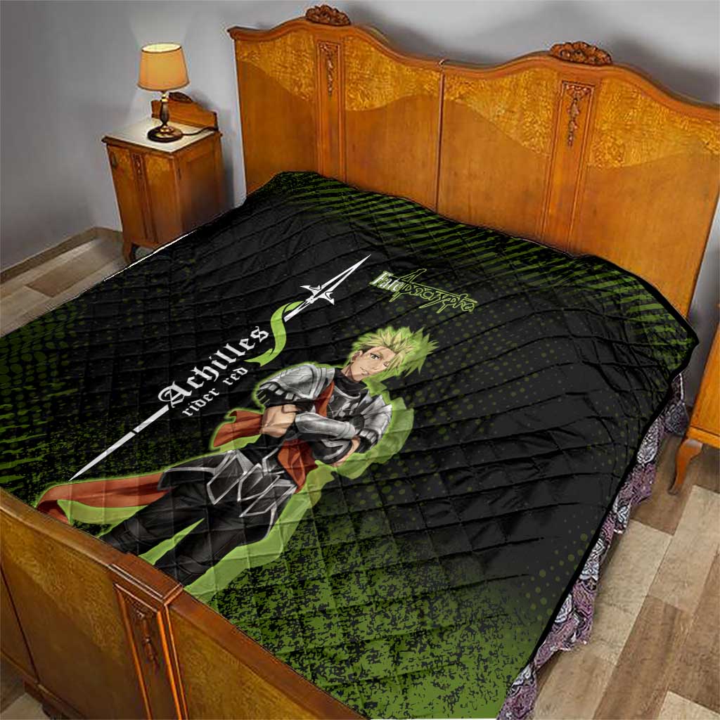 Achilles Fate Apocrypha Theme Quilt with Spear Pose and Green Black Grunge Graphic Design - The Mazicc