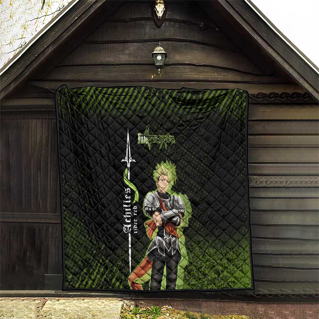 Achilles Fate Apocrypha Theme Quilt with Spear Pose and Green Black Grunge Graphic Design - The Mazicc