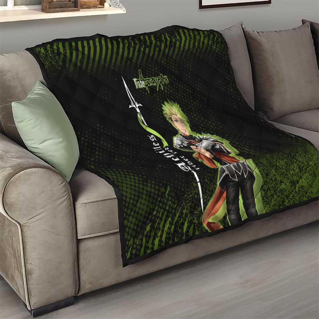 Achilles Fate Apocrypha Theme Quilt with Spear Pose and Green Black Grunge Graphic Design - The Mazicc