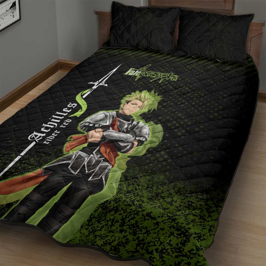 Achilles Fate Apocrypha Theme Quilt Bed Set with Spear Pose and Green Black Grunge Graphic Design - The Mazicc