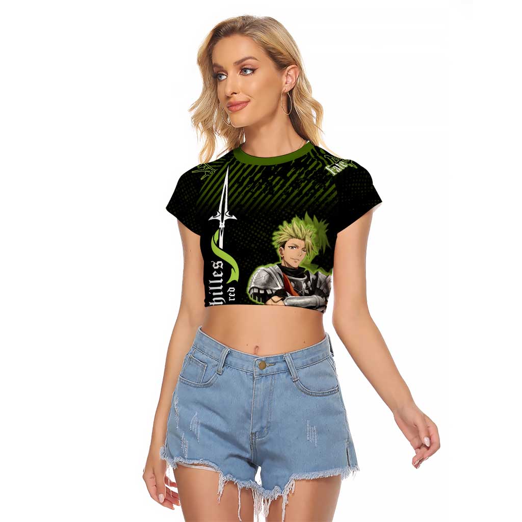 Achilles Fate Apocrypha Theme Raglan Cropped T Shirt with Spear Pose and Green Black Grunge Graphic Design - The Mazicc