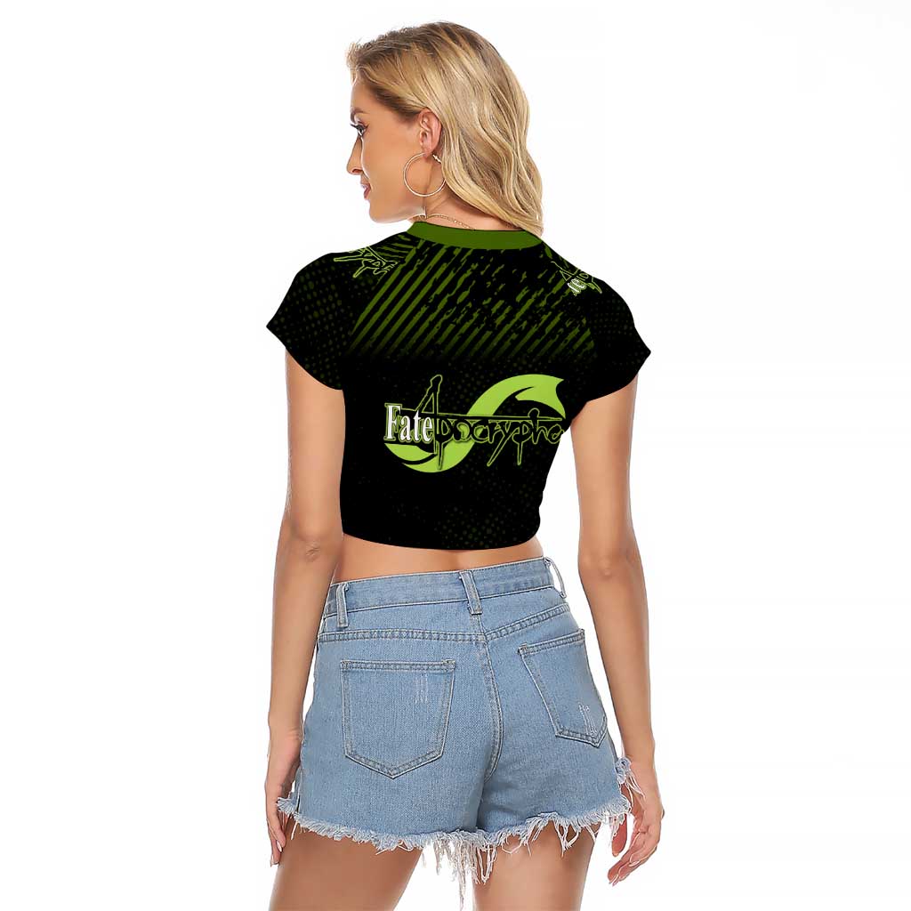 Achilles Fate Apocrypha Theme Raglan Cropped T Shirt with Spear Pose and Green Black Grunge Graphic Design - The Mazicc