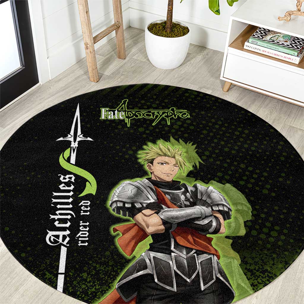 Achilles Fate Apocrypha Theme Round Carpet with Spear Pose and Green Black Grunge Graphic Design - The Mazicc