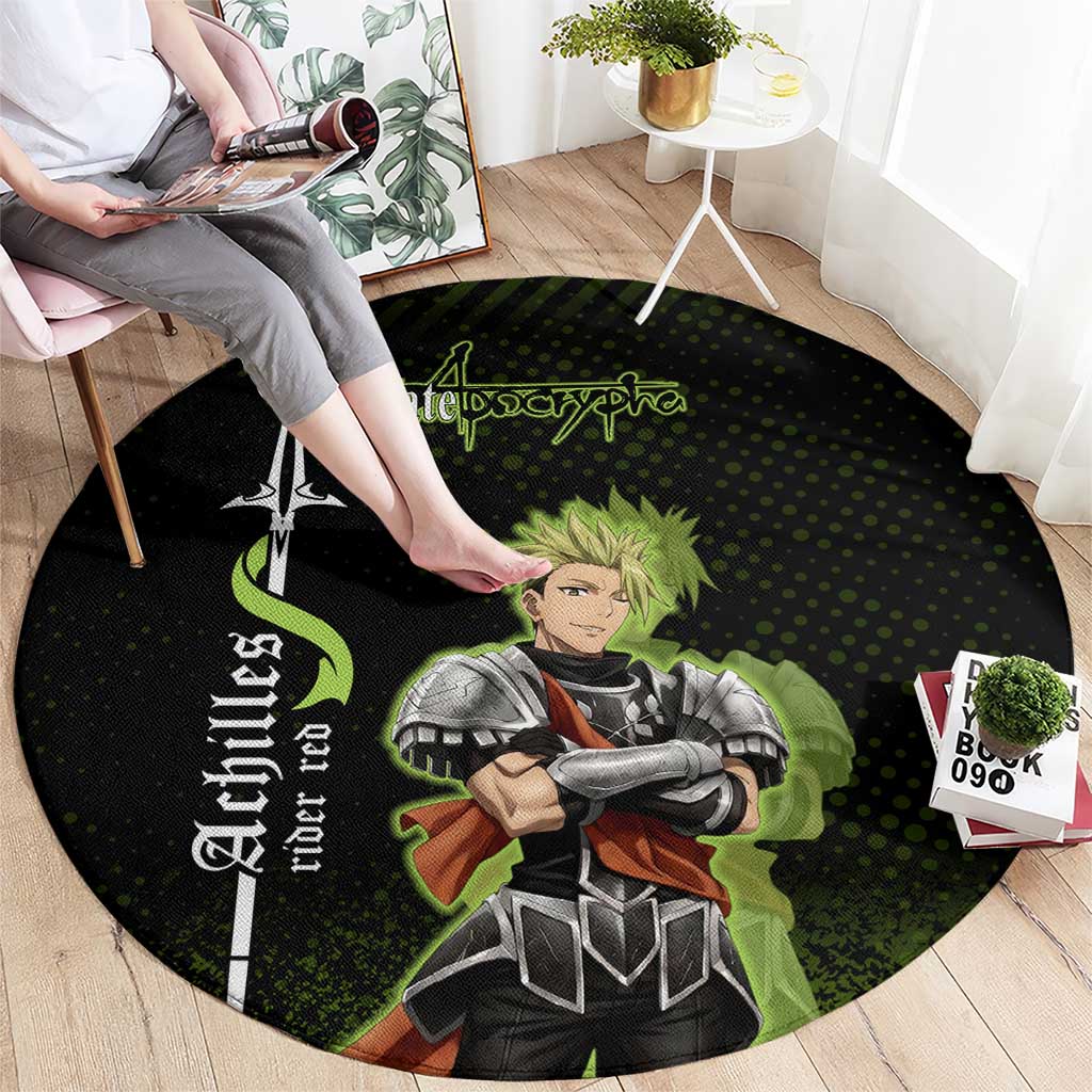 Achilles Fate Apocrypha Theme Round Carpet with Spear Pose and Green Black Grunge Graphic Design - The Mazicc
