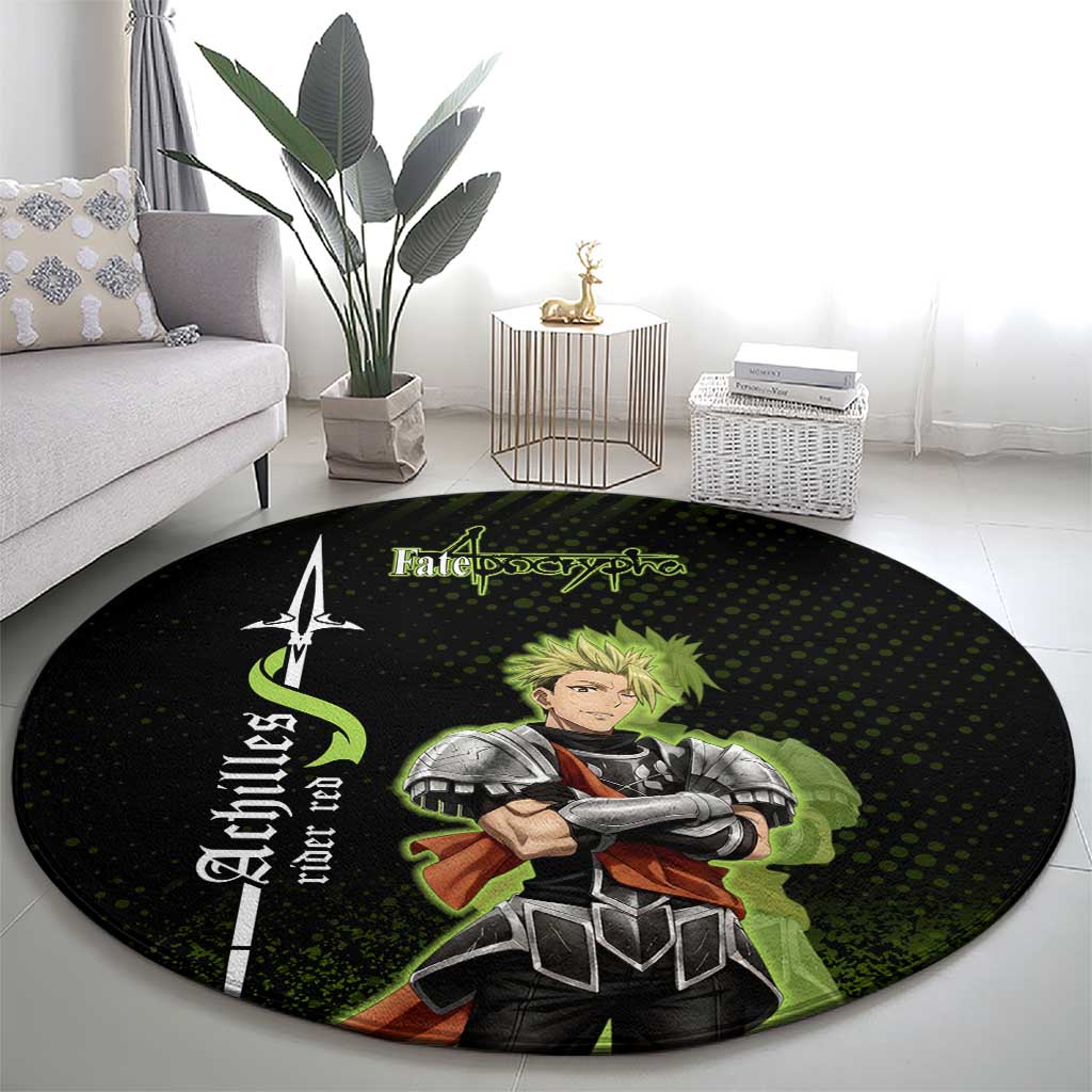 Achilles Fate Apocrypha Theme Round Carpet with Spear Pose and Green Black Grunge Graphic Design - The Mazicc