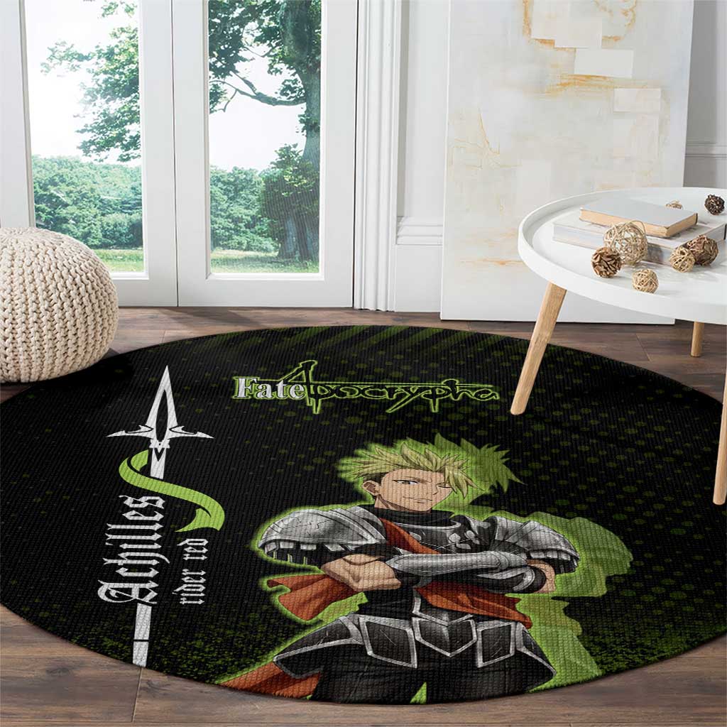 Achilles Fate Apocrypha Theme Round Carpet with Spear Pose and Green Black Grunge Graphic Design - The Mazicc