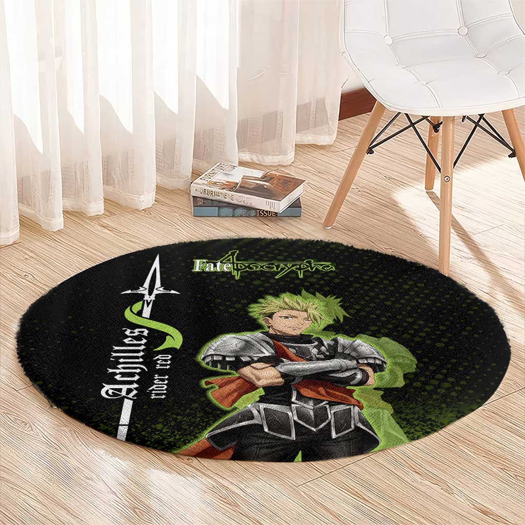 Achilles Fate Apocrypha Theme Round Carpet with Spear Pose and Green Black Grunge Graphic Design - The Mazicc